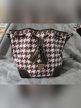 Dooney And Bourke Houndstooth Drawstring Bucket Bag with Tassel